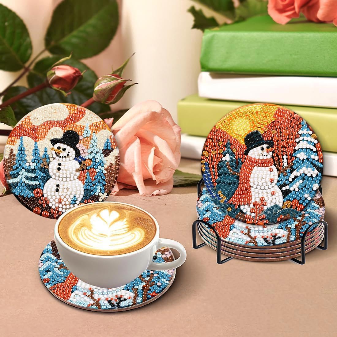 8Pcs Diamond Painting Coasters with Holder,DIY Cocktail Life Coaster Diamond Art Kits for Adults Kids,Beginners Round Full Drill Diamonds Art Craft Supplies