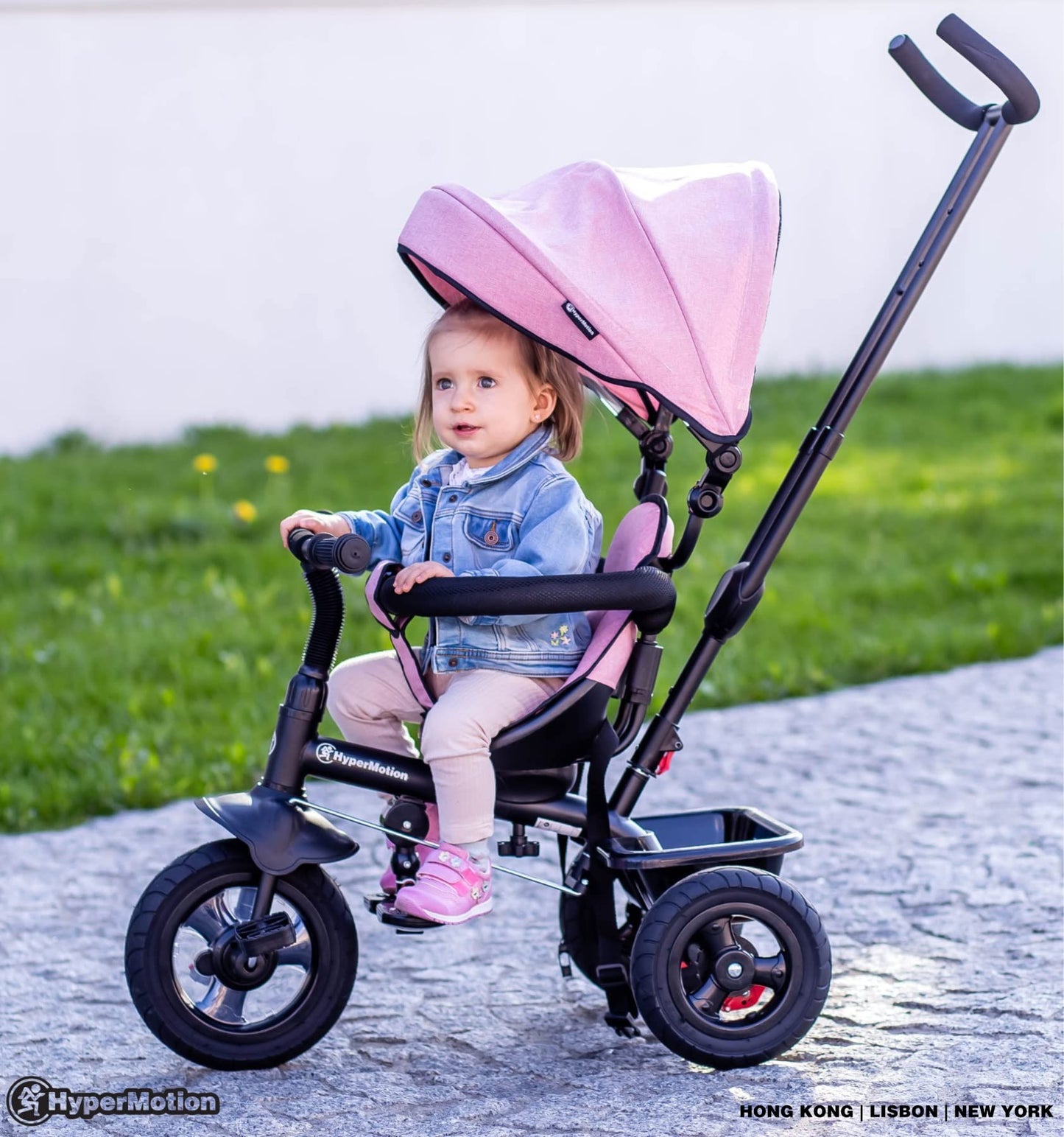 HyperMotion Toddler Tricycle with Parent Handle, Canopy, Safety Belt & Basket — From 12 Months