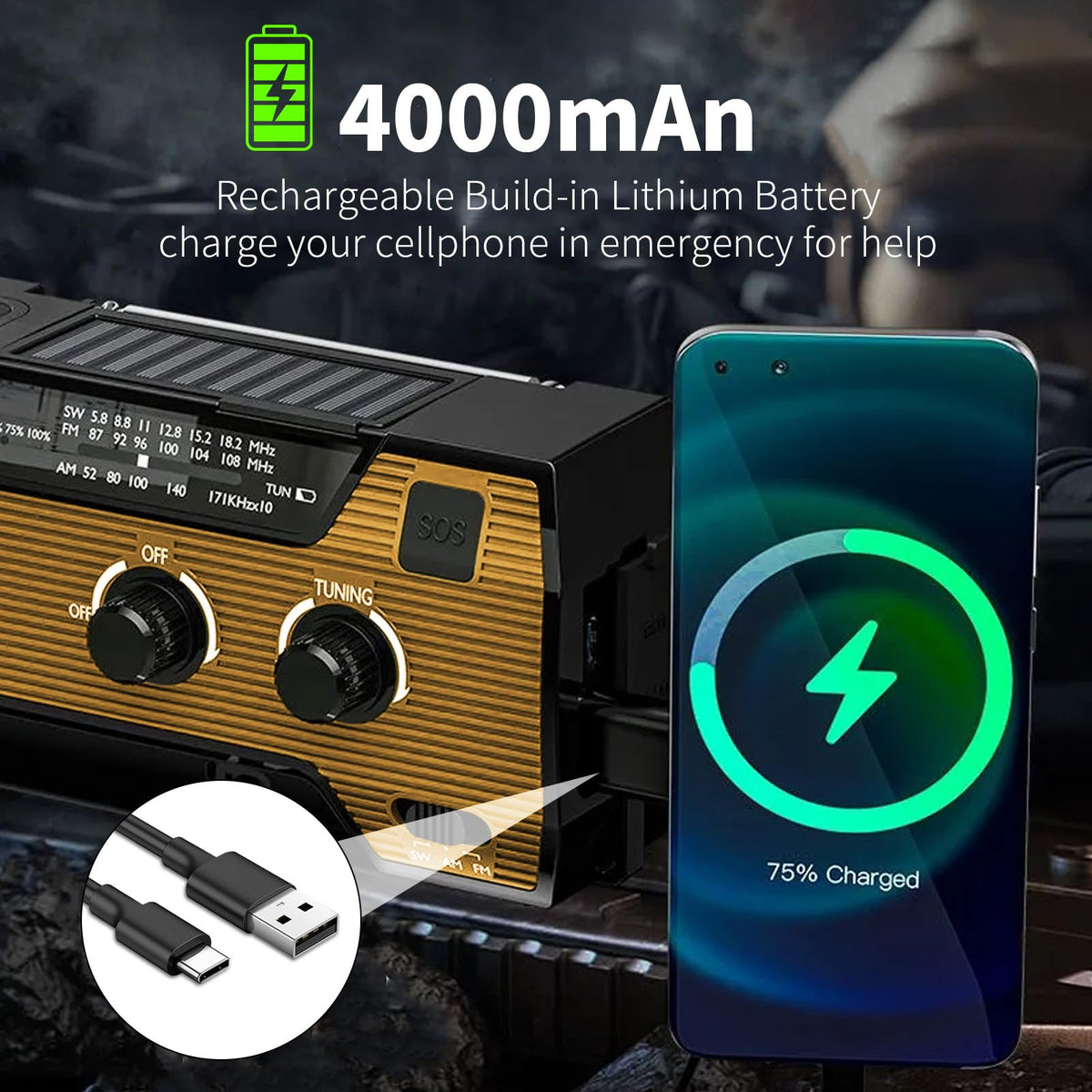 SOLARBABY Wind Up Solar Radio, Emergency Hand Crank Self Powered AM/FM Survival Solar Weather Radio with LED Flashlight,SOS Alarm,2000mAh Emergency Power Bank for Smart Phone (M-Orange)
