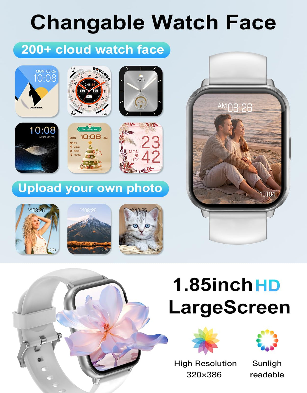 RUIMEN Smart Watch Answer Dial Call,Smart Watches for Women Men 1.85" HD Screen Fitness watch with SpO2 Heart Rate Sleep Monitor Step Counter Waterproof 100+ Sports Mode for Android iOS (2 Bands)