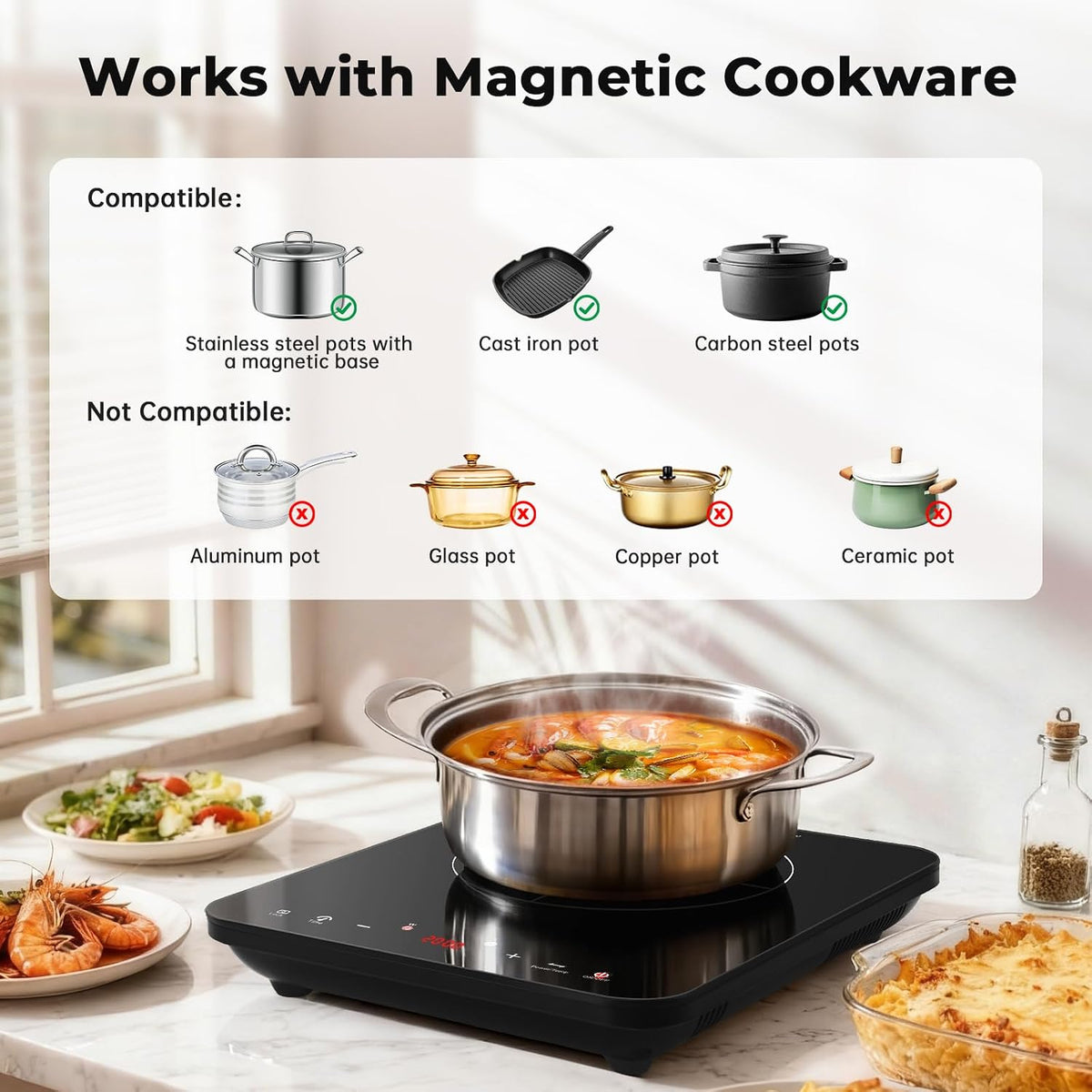Single Induction Hob 2000W, Portable Induction Cooker with 10 Power & Temperature Levels, Touch Control, Child Lock, 3-Hour Timer, Residual Heat Indicator, Black Glass Panel Electric Hob
