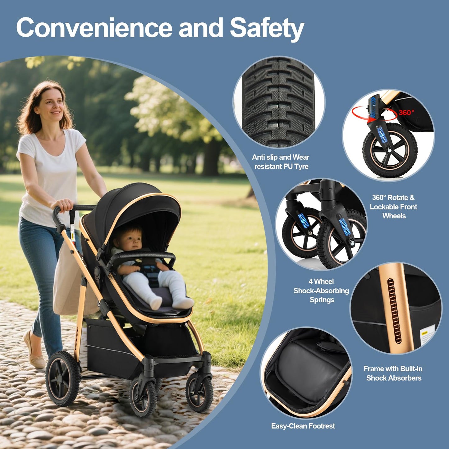 Gcarebb 3 in 1 Prams Travel System, Pushchair with Height Adjustable Handle, Travel Pram with Mosquito Net, Baby Stroller with Aluminum Frame for Newborn 0-4 Years