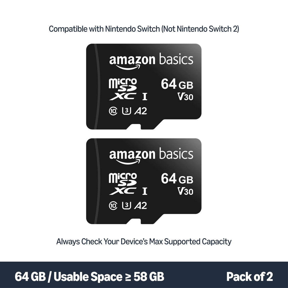 Amazon Basics microSDXC Memory Card with Full Size Adapter, A2, U3, Read Speed up to 100 MB/s, 128GB, Black