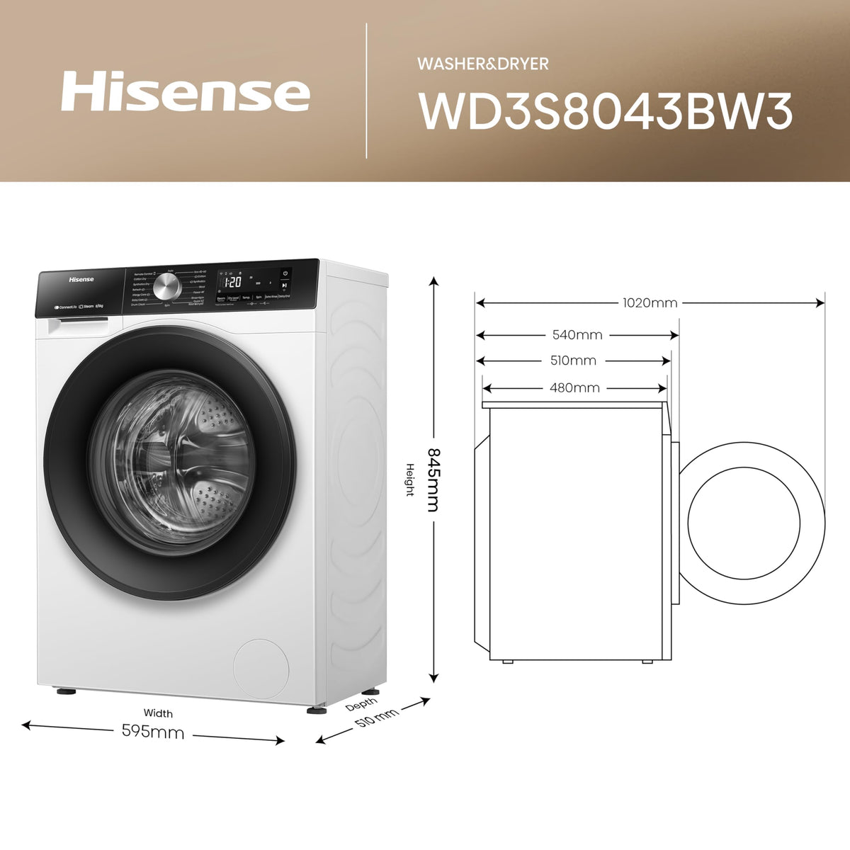 Hisense 3S Series WD3S8043BB3 Wifi Connected 8Kg and 5Kg Washer Dryer with 1400 rpm - Black - A-D Rated