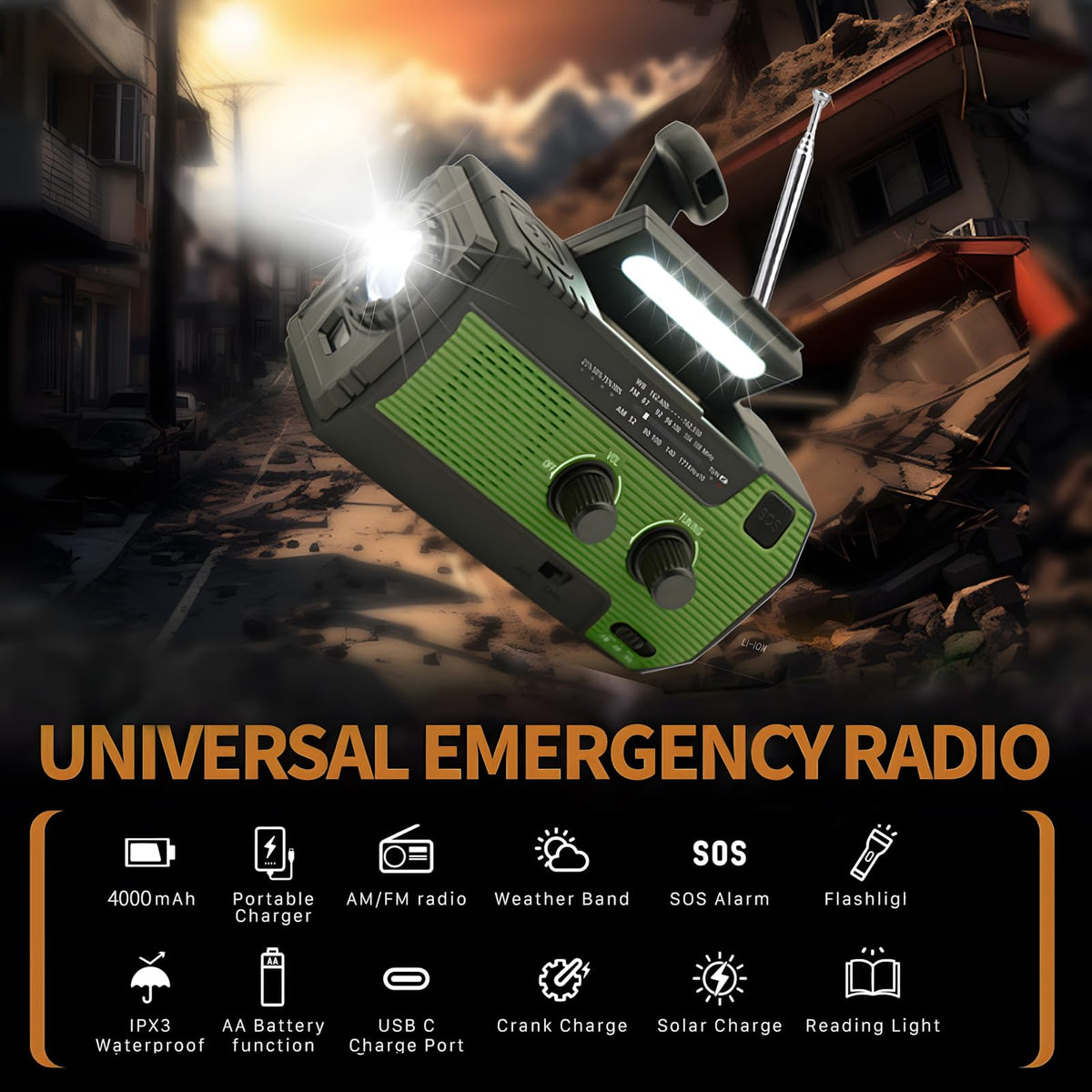 SOLARBABY Wind Up Solar Radio, Emergency Hand Crank Self Powered AM/FM Survival Solar Weather Radio with LED Flashlight,SOS Alarm,2000mAh Emergency Power Bank for Smart Phone (M-Orange)