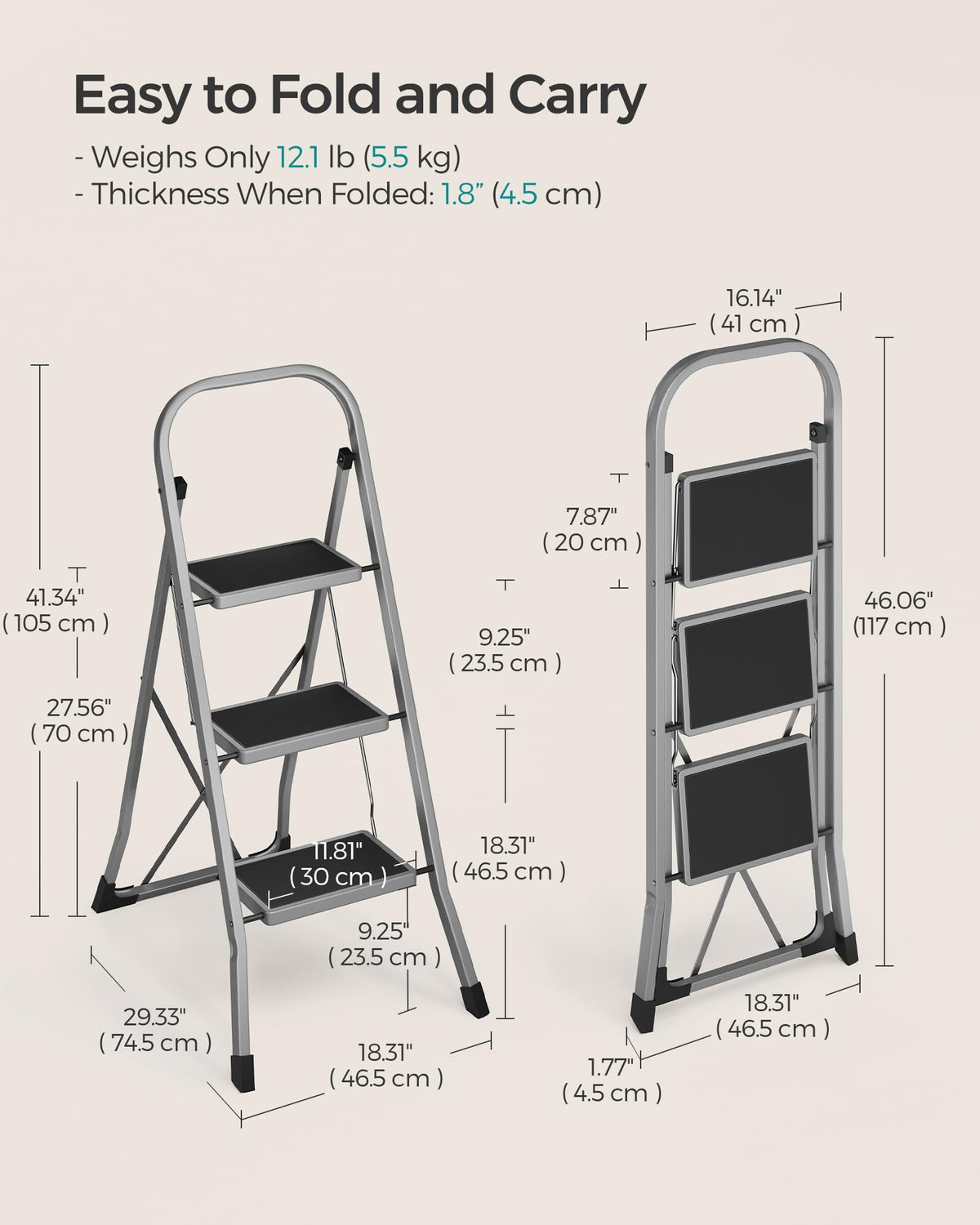 SONGMICS 2-Step Ladder, Folding Step Ladder, Safety, Holds up to 150KG