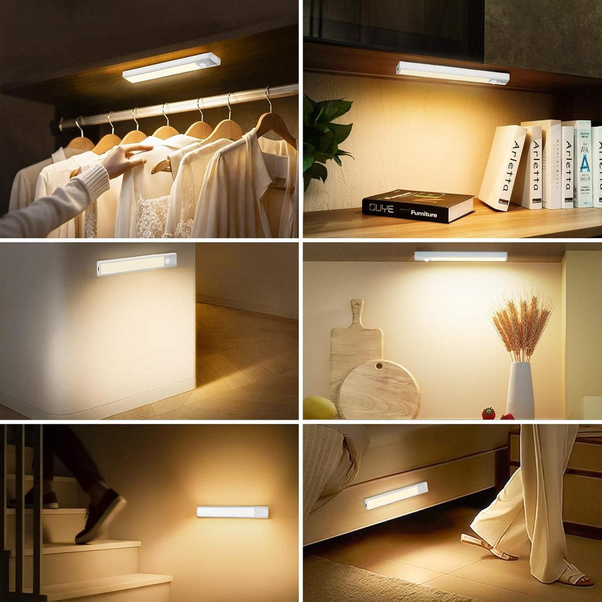 daphomeu 5 Pack Rechargeable Under Cupboard Kitchen Lights, 20CM Dimmable Warm Cabinet Light, LED Motion Sensor Lights Indoor, Magnetic Stick Light for Kitchen Shelf Stairs Wardrobe