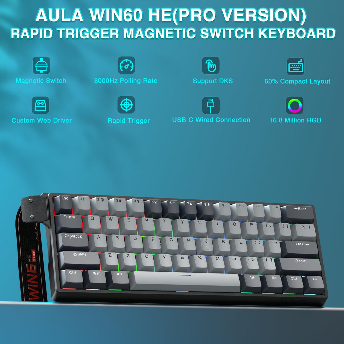 AULA WIN60 HE Mechanical Gaming Keyboard Wired,Hall Effect Magnetic Switches,Adjustable Actuation Rapid Trigger,8K Polling Rate,RGB Backlight,60% Percent Keyboard for Mac/Win (BLACK) (Pack of 2)