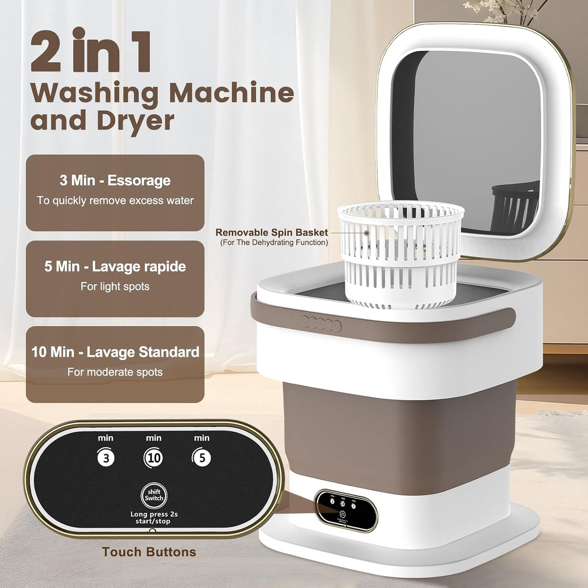 Mini Washing Machine, 15L Portable Washing Machine with Spin Dryer & 3 Cleaning Modes for Small Clothes, Foldable Portable Washer for Apartments, Dorms, Camping (Khaki)