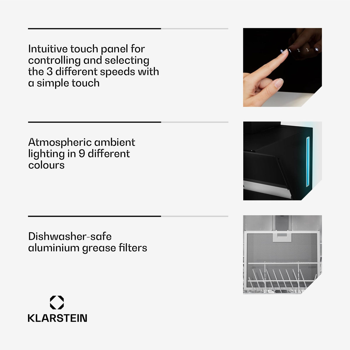 Klarstein Alina 90 Angled Cooker Hood - 615m³/h Air Flow, Touch Panel, LED Backlighting, Quiet 63dB, Energy Class A, 90cm Extractor Hood, Black