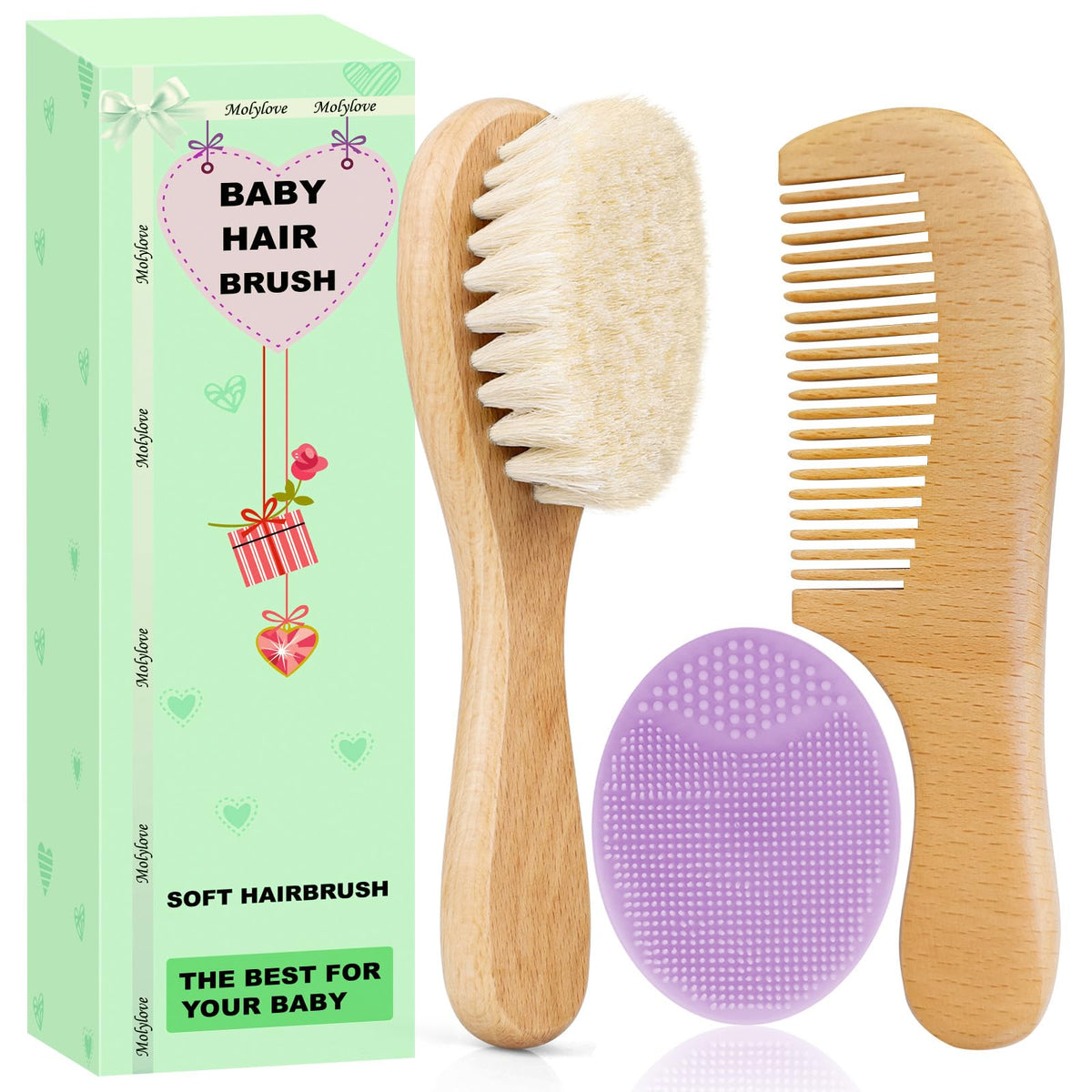 3PCS Baby Hair Brush with Wooden Handle and Comb Set for Newborns & Toddlers | Natural Soft Goat Bristles l Wood Comb l Green Cradle Cap Brush | Ideal for Cradle Cap