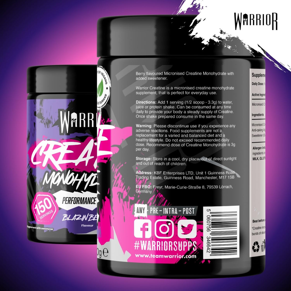 Warrior Creatine Monohydrate Powder 500g Pure Micronised (166 Servings)