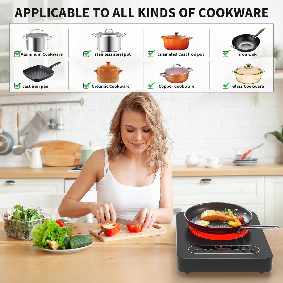 VBGK Portable Ceramic Hob, 2000W Portable Electric Hob, Electric Ceramic Hob, Single Cooking Zone with LED Display, 4-Hours Timer, Safety Lock, Residual Heat Indicator