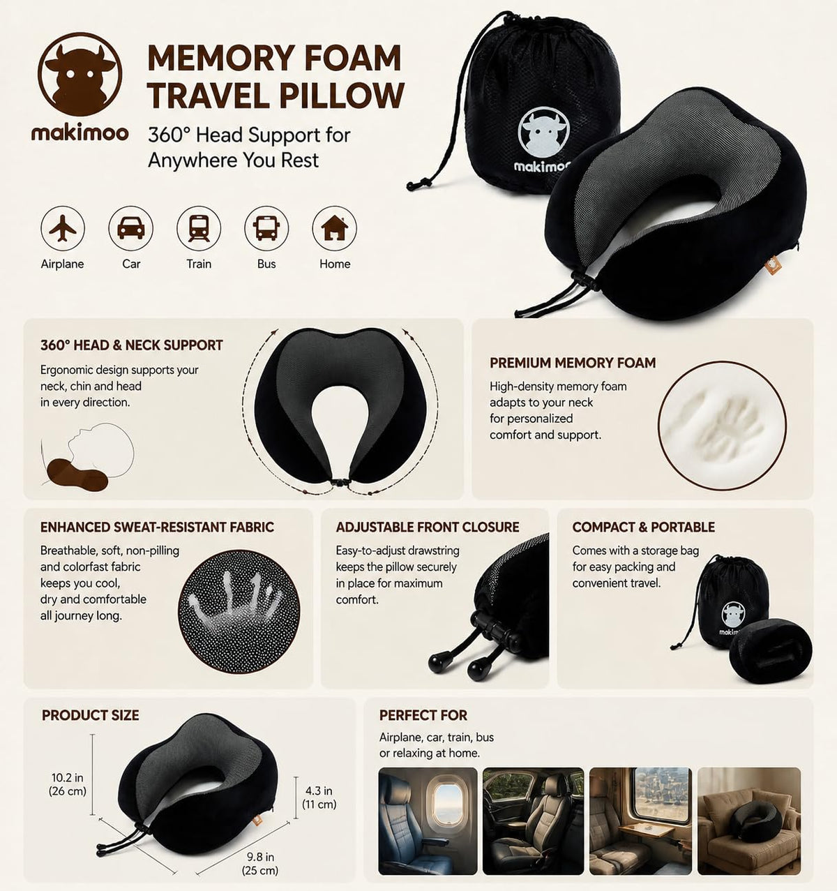 Memory Foam Travel Pillow, Neck Pillow with 360-Degree Head Support, Comfortable and Lightweight, Ideal for Sleeping on Airplane, Car, Train, Bus and Home Use, Comes with Storage Bag (Grey)