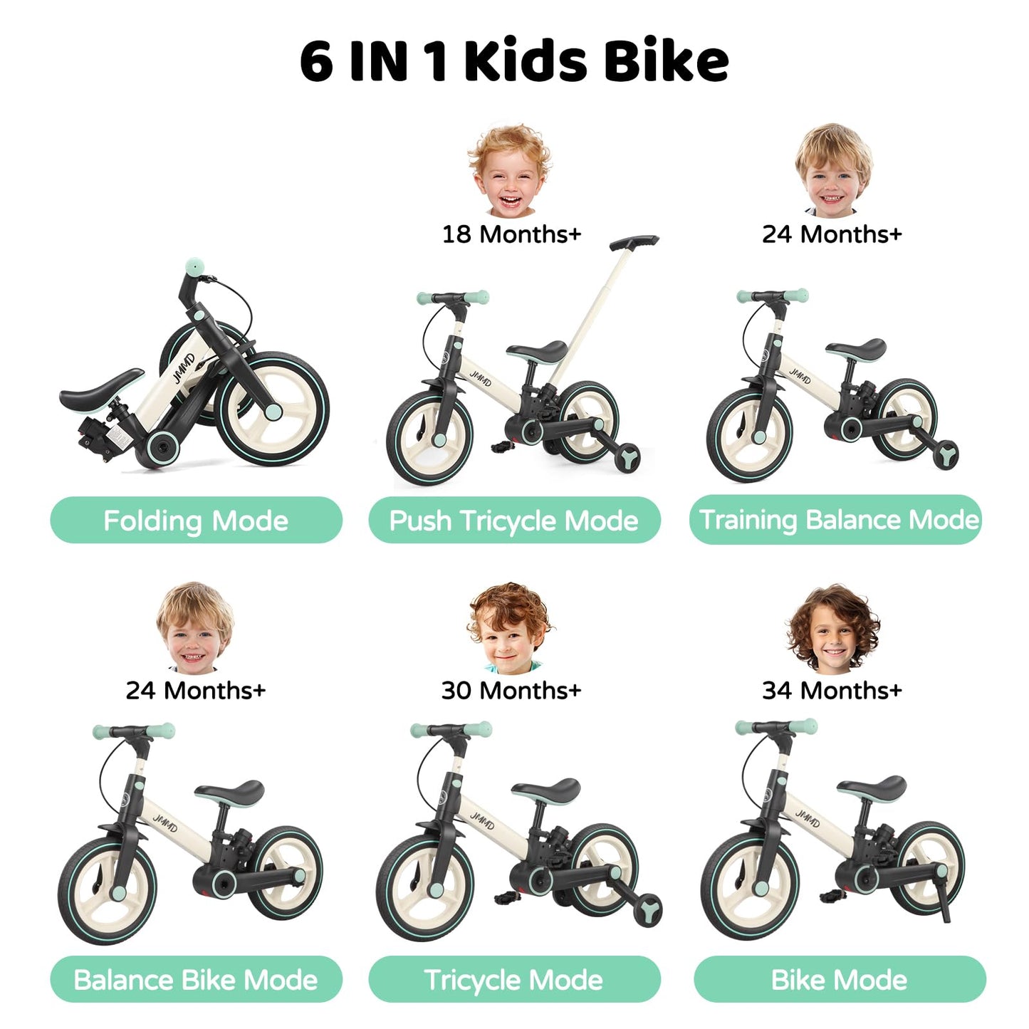 JMMD 6-in-1 Convertible Toddler Balance Bike to Pedal Bike — Ages 18 Months to 5 Years