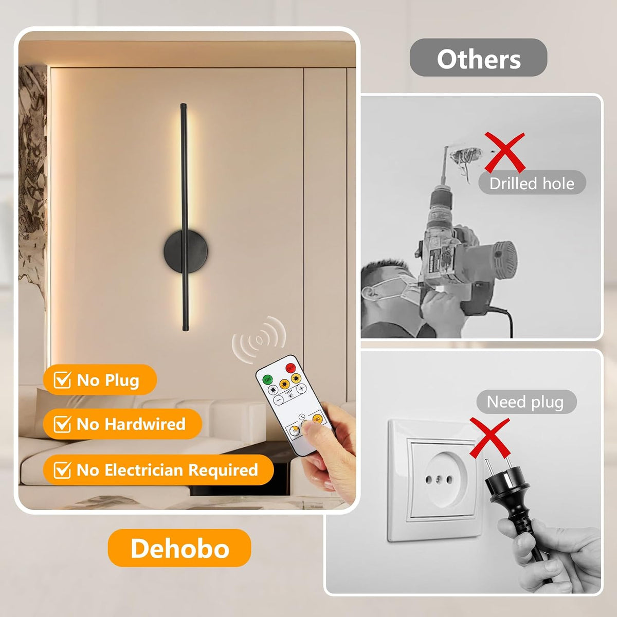 Dehobo 80CM Rechargeable Wall Lights with 8000mAh for Home Decor, 2 Packs