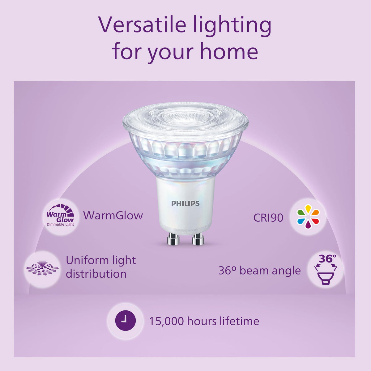 PHILIPS WarmGlow 6 Pack Dimmable [GU10 Spot] LED Light Bulbs, 3.8 W - 50W Equivalent, 2700-2200K. for Relaxed Home Lighting