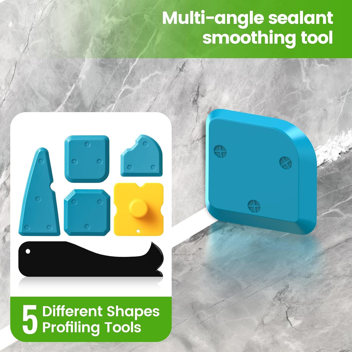 Caulking Tool 5 in 1 Silicone Caulking Grout Removal Sealant Finishing Tool with Grout Scraper, 6 Exchange Silicone Pads, Adhesive Residue Scraper Seam Repair Kit for Kitchen Bathroom