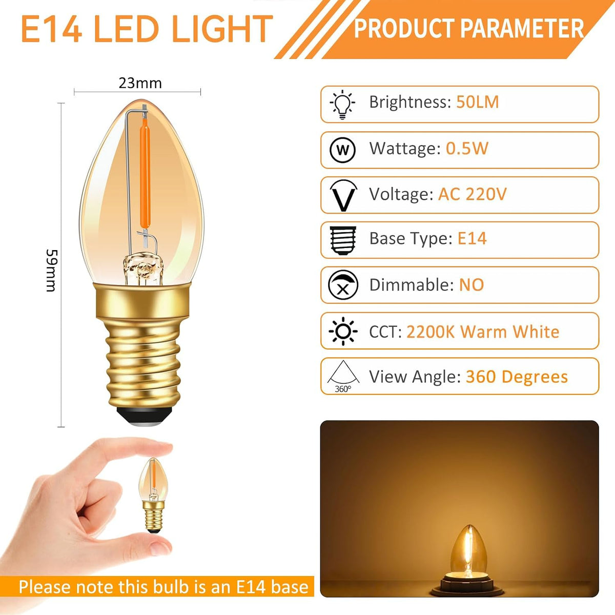 Caldarax 0.5W E14 LED Vintage Night Light Bulb, Mini C7 LED Filament Candle Bulbs Amber Warm White 2200K E14 Orange SES Small Edison Screw Salt Lamp Bulbs, 5W Equivalent, Non Dimmable, 2 Pack