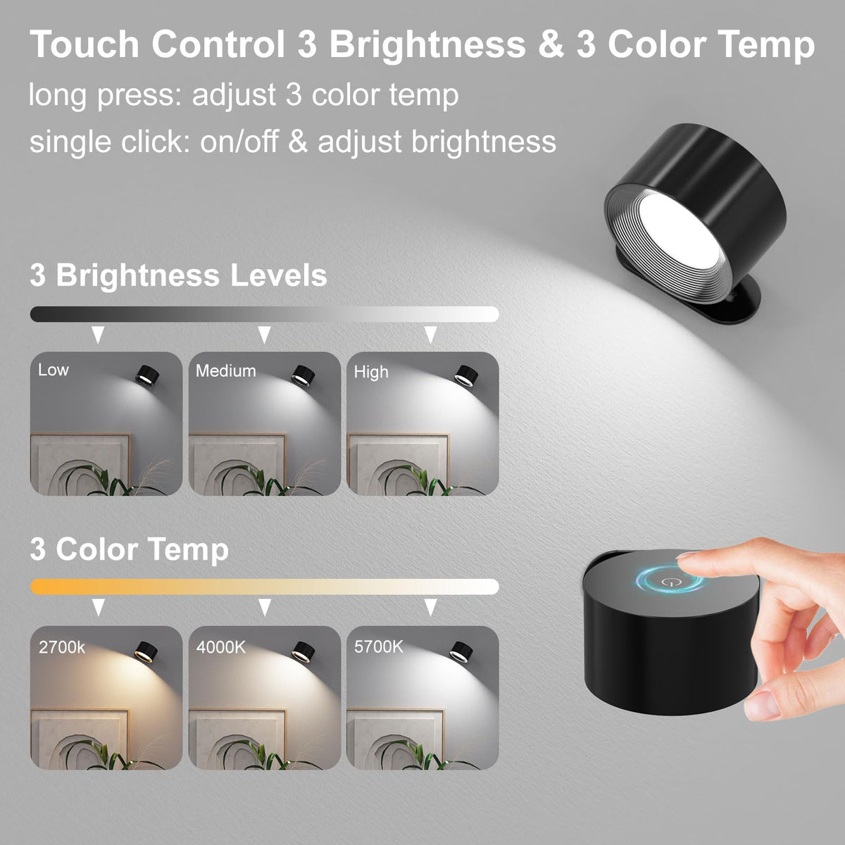Coollamp LED Battery Operated Wall Lights, 3Pack Wall Lamp with Remote Control 3 Color Modes 3 Brightness Levels 360°Rotate Magnetic, Reading Lights for Living Room Bedroom Black