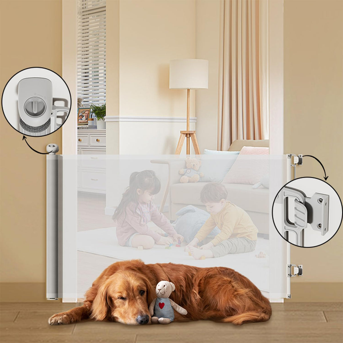 Retractable Baby Gate 87cm x 130 cm Stair Safety Gate Roll for Babies and Pets, dogs, Extendable Barrier Gates (White)