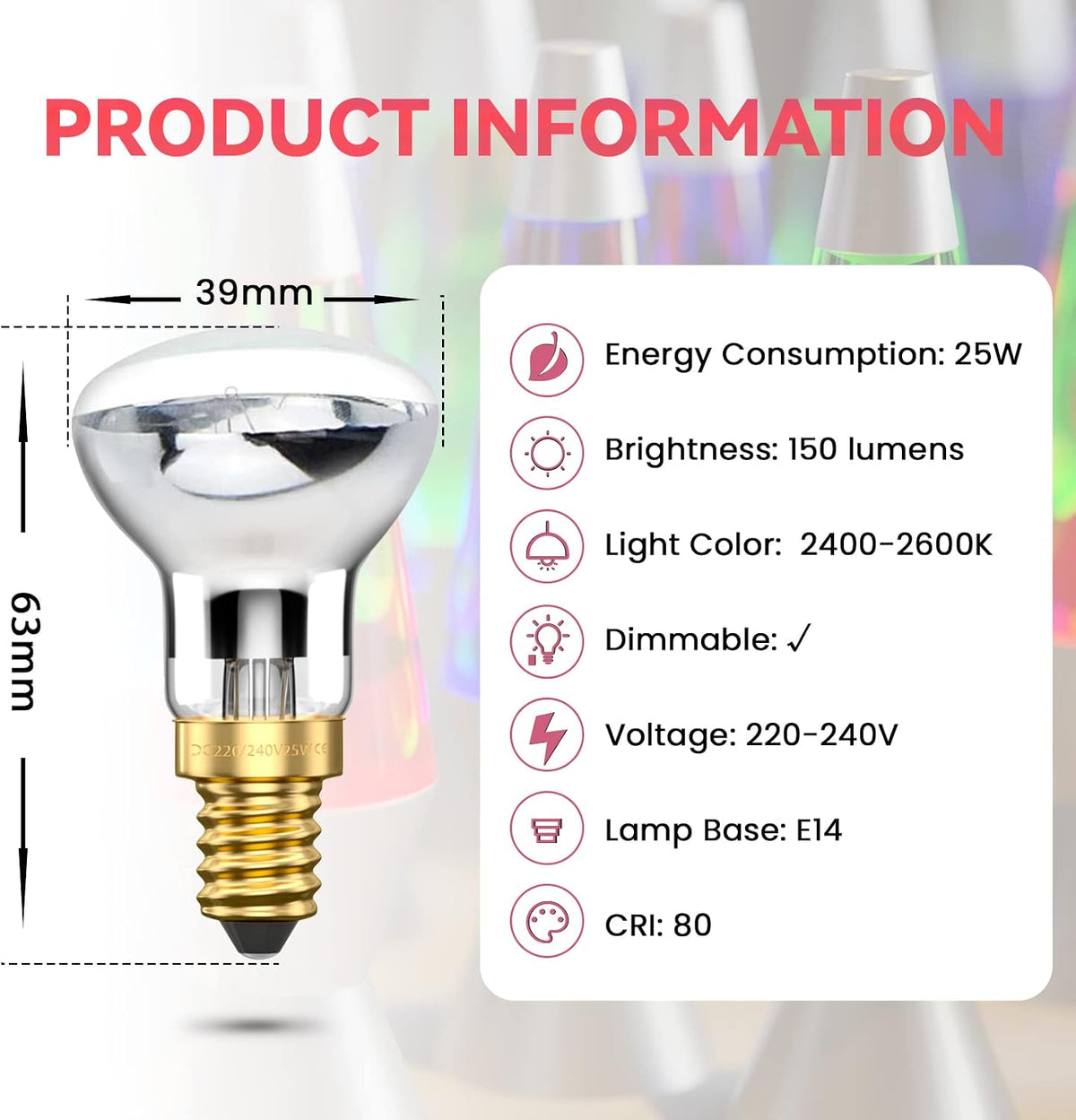 Bonlux 2X R39 E14 Reflector Bulbs Spot Lights Dimmable Lava Lamp 25W Super Bright Small Edison Screw Base SES Energy Saving Light Bulbs Warm White 2400-2600K 360 Degree Wide Beam Angle 240V