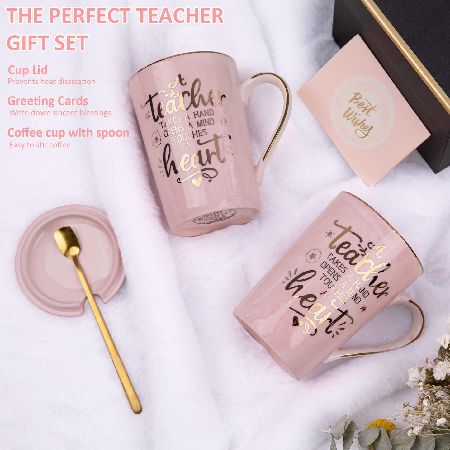 Unique Teacher Appreciation Gifts for Women - Best Teacher Gifts for Teachers, 14oz Pink Marble Ceramic Coffee Mug Printed with Gold, Retirement Birthday Graduation Ideas, End of The Year, Gift Boxed