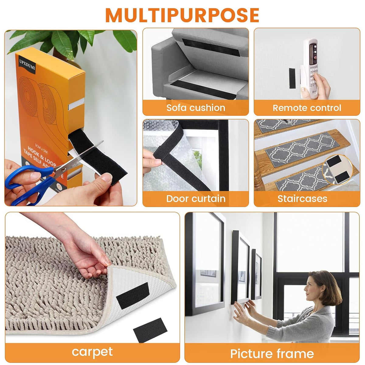 UPXDUMI Hook and Loop Tape 30mm x 5m Multipurpose Strong Self Adhesive Strips Heavy Duty Double Sided Sticky Back Roll Suitable for Home Carpet Sofa Picture Hanging Fabric Industrial Outdoor Black