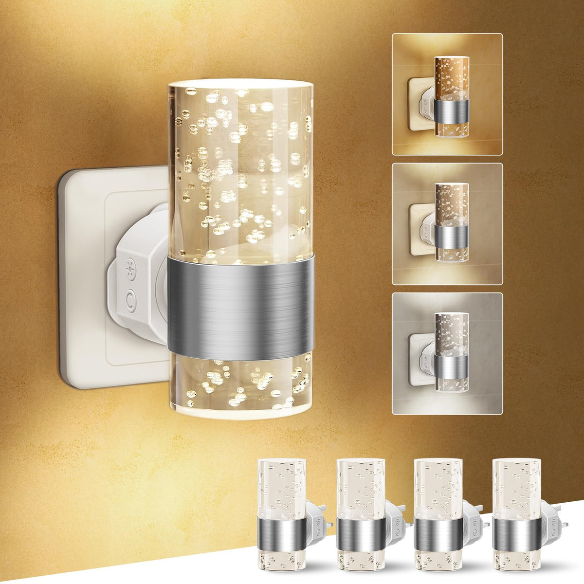 Night Light Plug in Wall with Dusk to Dawn Sensor Modern 2 Pack Gold