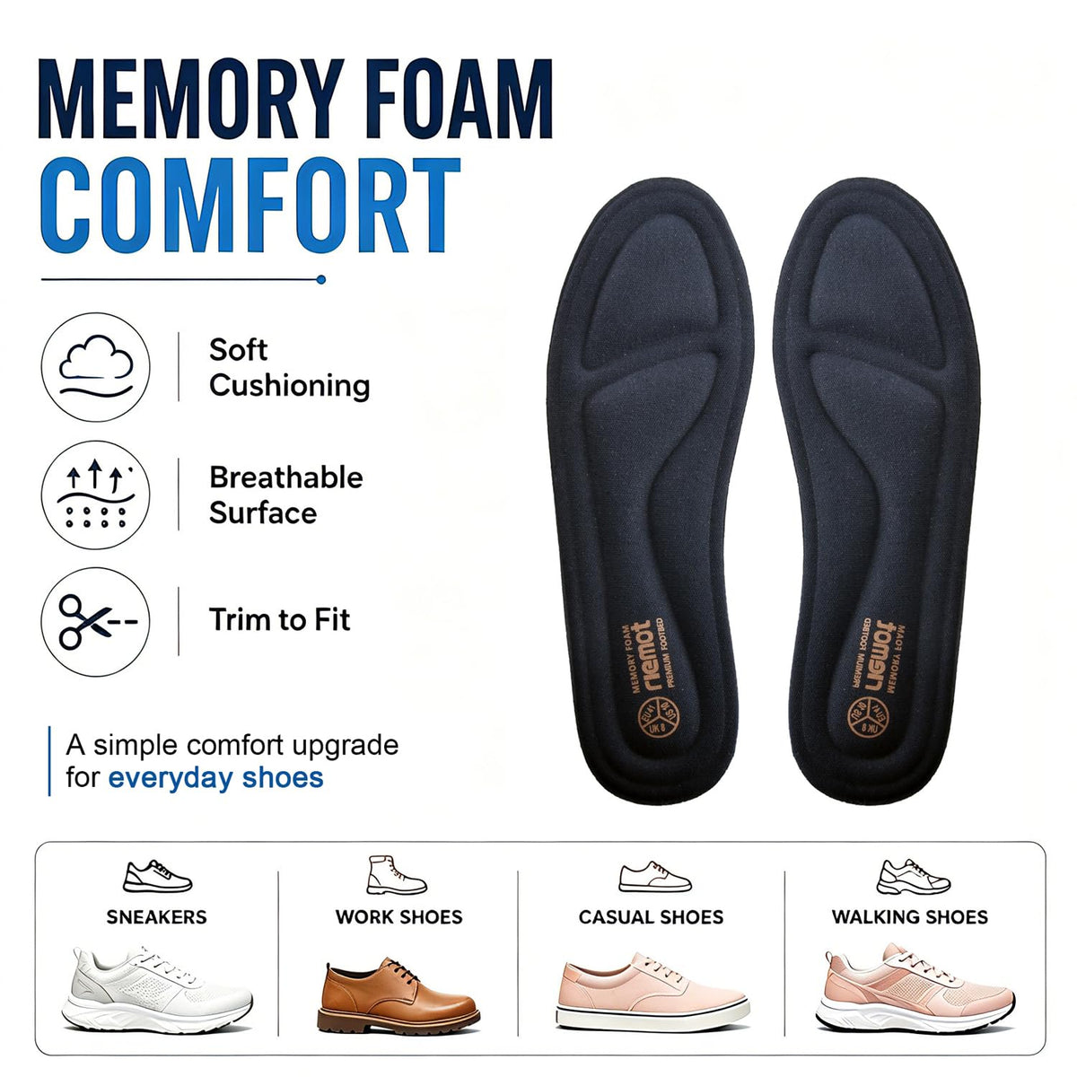 riemot Memory Foam Insoles for Men and Women - Replacement Shoe Inserts Comfort Cushioning for Sports Shoes, Trainers, Sneakers, Work Boots and Walking Shoes