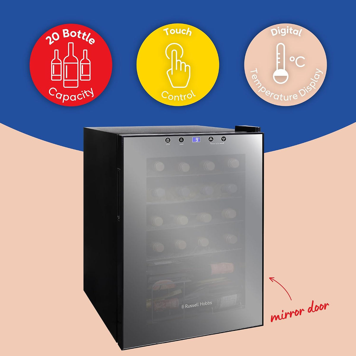 Russell Hobbs 20 Bottle 62L Mirrored Door Wine Cooler Freestanding Beverage Drinks Fridge, LED Light with Touch Control, Digital Display, Adjustable Shelves, Glass Door RH20WC201MR