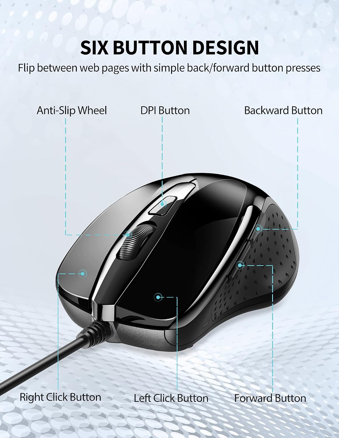 TECKNET USB Wired Mouse, 6400 DPI Mice 4 Adjustable DPI with 6-Button Corded, Optical Computer Mouse with Ergonomic Design for Laptop, Chromebook, PC, Desktop, Mac, Notebook