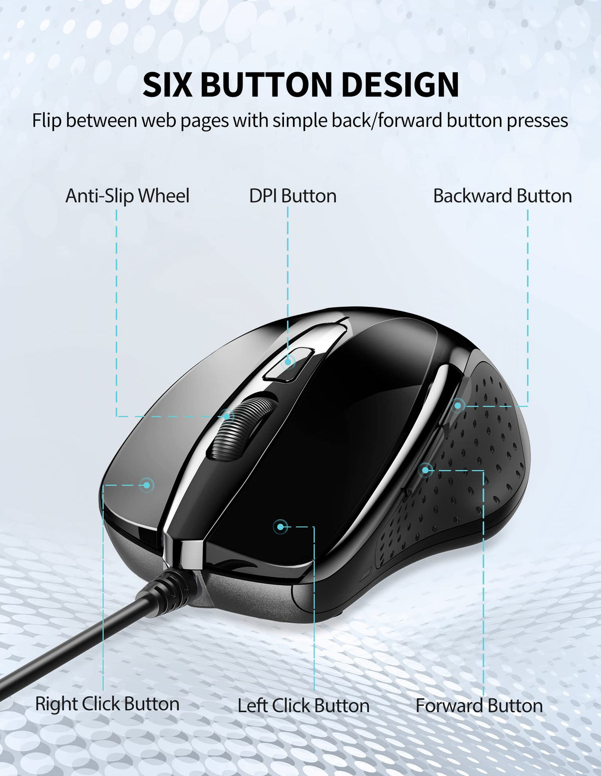 TECKNET USB Wired Mouse, 6400 DPI Mice 4 Adjustable DPI with 6-Button Corded, Optical Computer Mouse with Ergonomic Design for Laptop, Chromebook, PC, Desktop, Mac, Notebook
