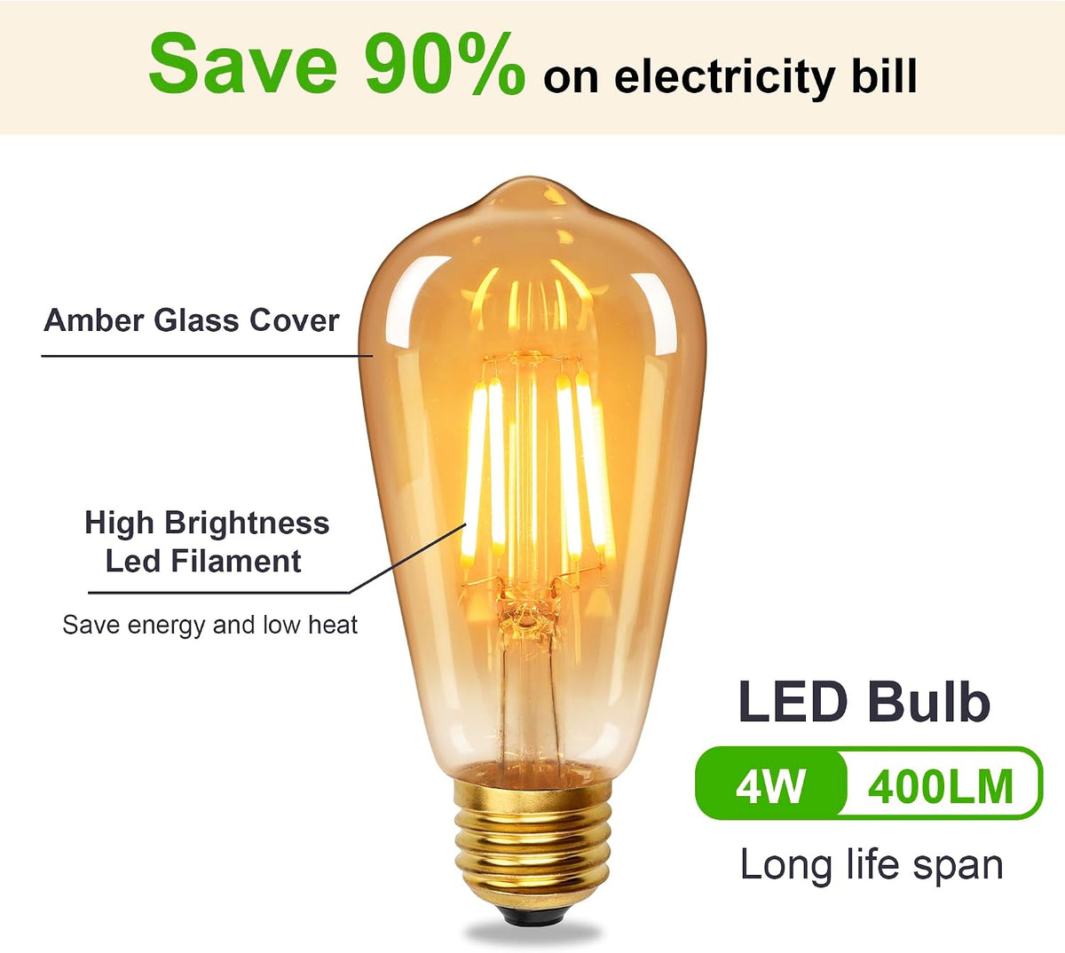 YUNRRD Vintage Light Bulb E27 Screw LED Edison Bulb,Warm White,4W,2Pcs