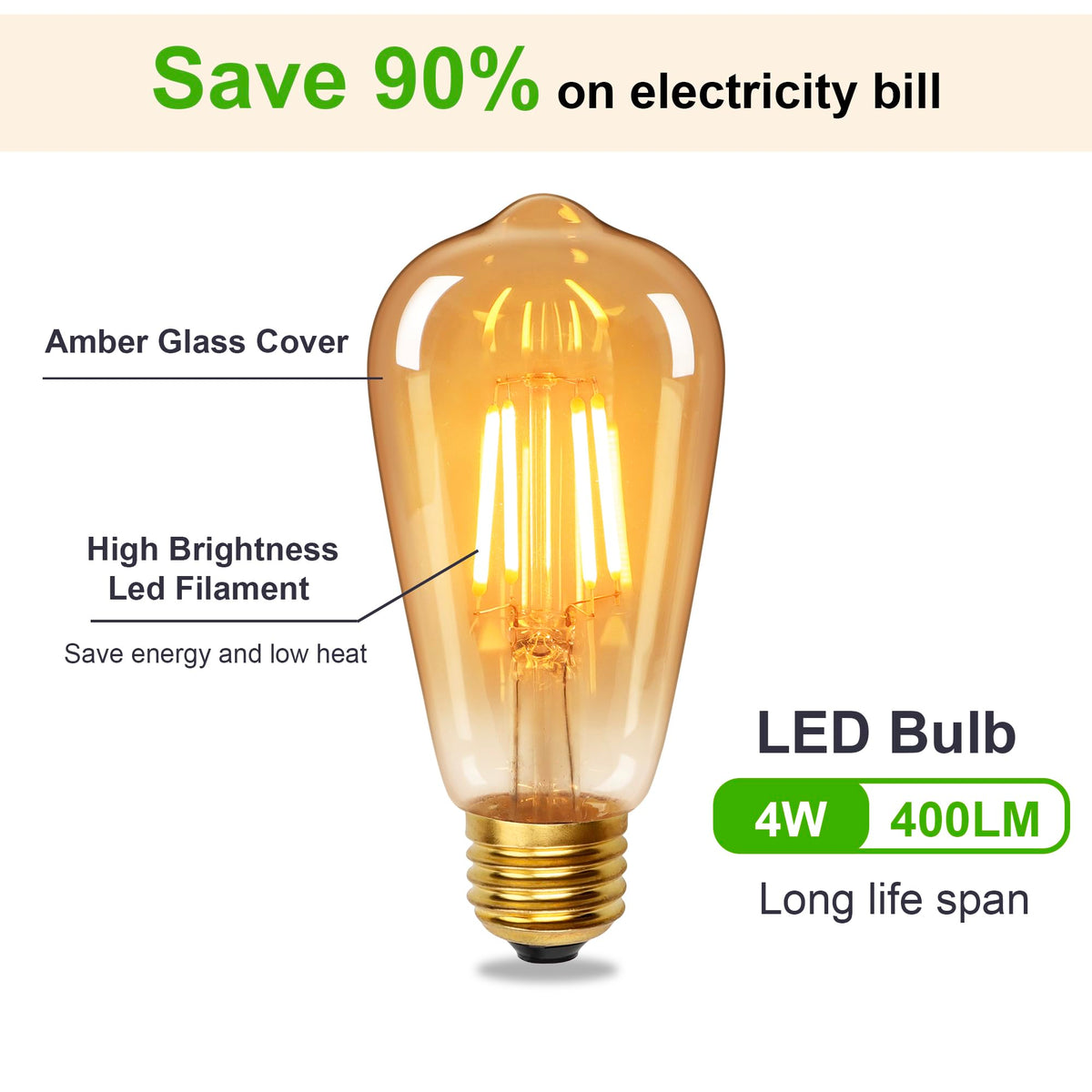 YUNRRD Vintage Light Bulb E27 Screw LED Edison Bulb,Warm White,4W,2Pcs