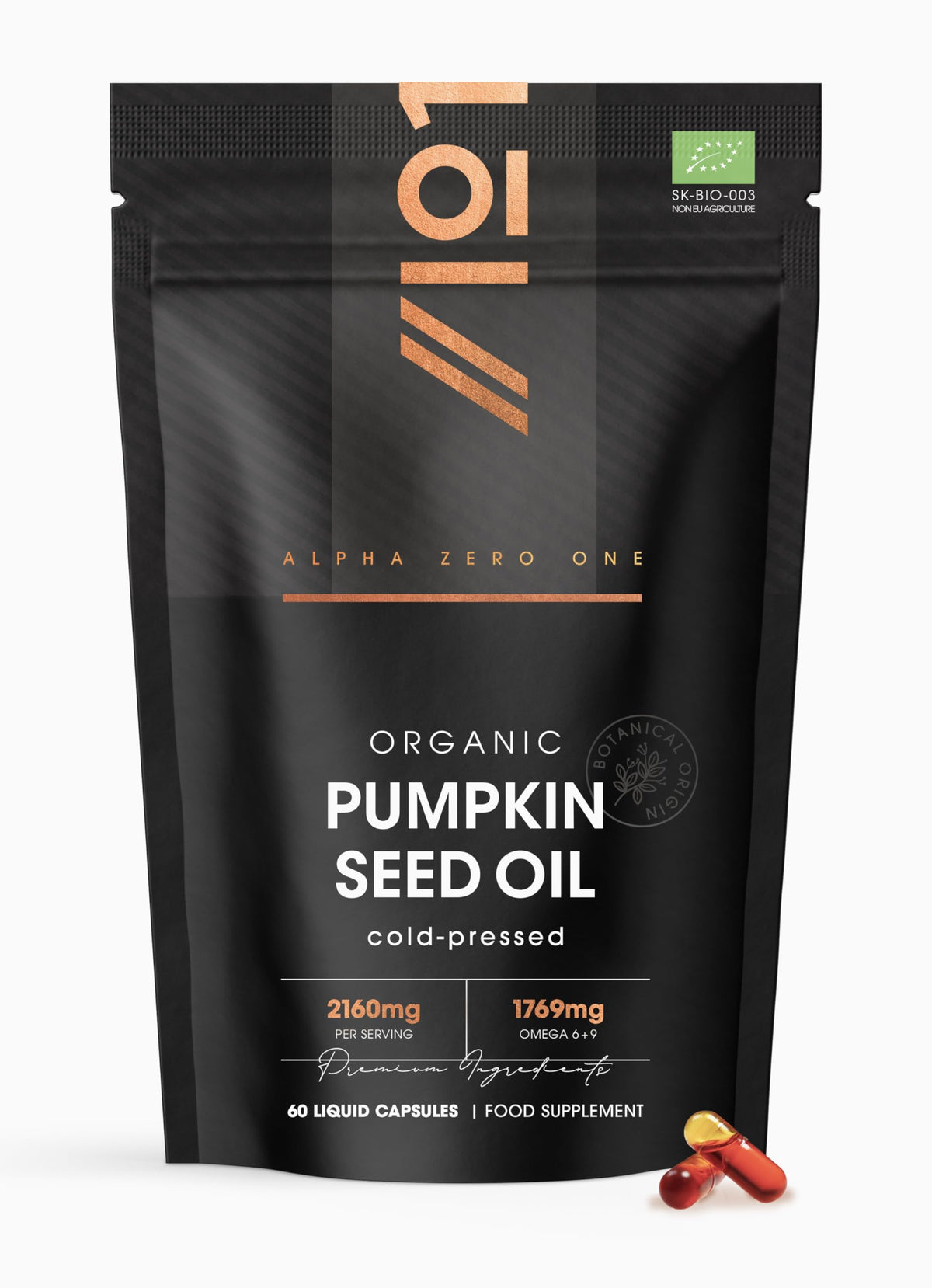 Organic Pumpkin Seed Oil 2160mg – 80% Linoleic & Oleic Acid – 120 Vegan Capsules – 1769mg Omega 6 & 9 – Virgin & Cold Pressed – By Alpha01