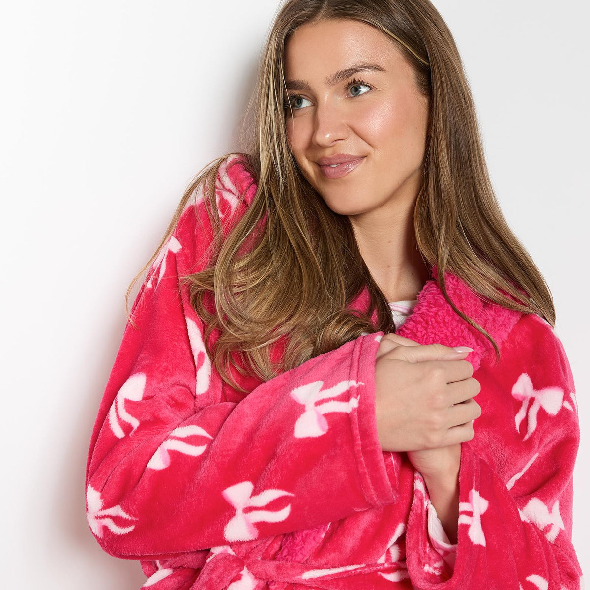 OHS Bows Dressing Gown Flannel Winter Sherpa Lined Loungewear Hooded Bathrobe