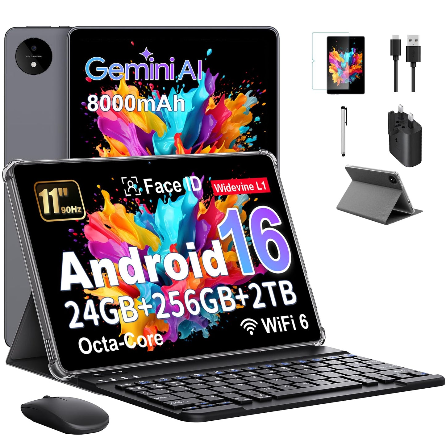 Tablet 10 Inch, Android 15 Tablets with Case, Mouse & Keyboard, Octa-Core, 24GB RAM+128GB ROM+1TB Expand, 1280 x 800 HD IPS Display, Dual Camera, 6000mAh, WiFi 6, BT 5.0, Widevine L1, GPS (Gray)