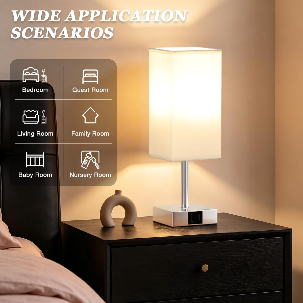 Pink Touch Lamp, Bed Lamp with Dual USB Charging Ports, Pink-Base (Bulb Included)