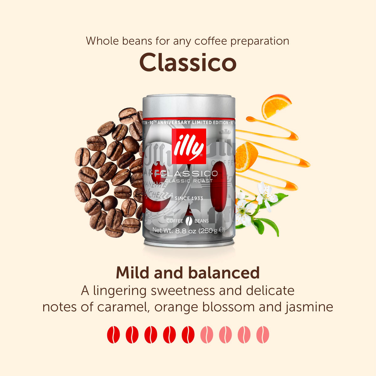 illy Classico Coffee Beans, 100% Arabica Blend, Medium Roast, Intensity 5/9, Smooth & Balanced with Caramel & Floral Notes, Suitable for Bean to Cup & Fresh Grinding, 250g