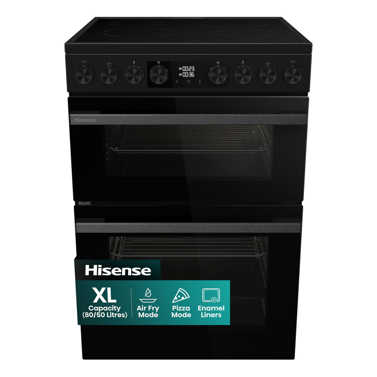 Hisense HDUKC60W 60cm Electric Cooker with Ceramic Hob-White, A Rated Double Oven 50L/80L [Energy Class A]