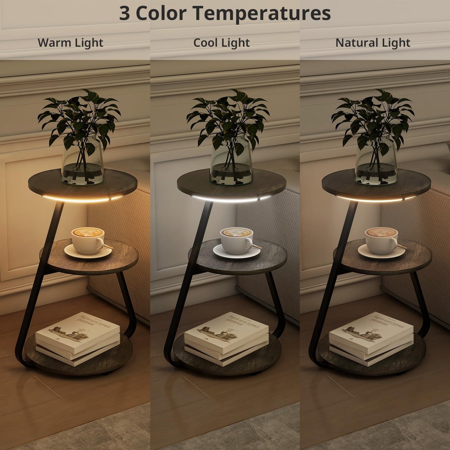 ARTETHYS Side Table, Small Round Coffee Table with 3 Color LED Lights, End Table with 3 Tier Storage Shelves, Bedside Sofa Side Tables for Living Room Bedroom, Rustic Brown