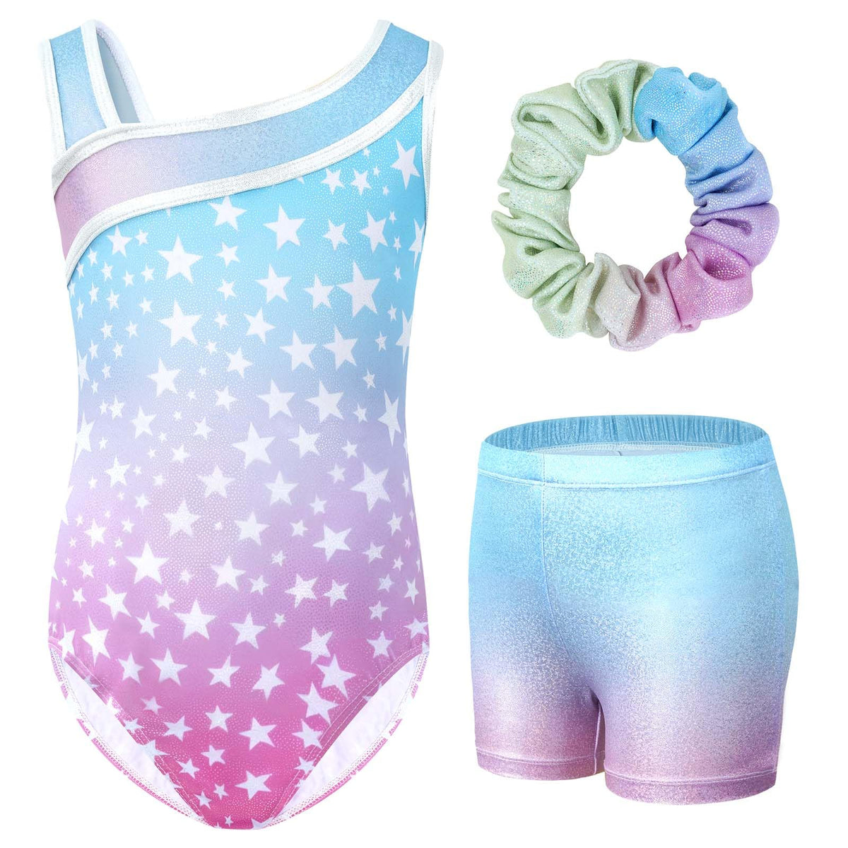 Gogokids Girls' Three-Piece Gymnastics Set, Sleeveless Leotards with Shorts and Hairband, Sparkling Ballet Dancing Unitards - Gymnastics Outfit with Gradient Color Design for 3-12 Years