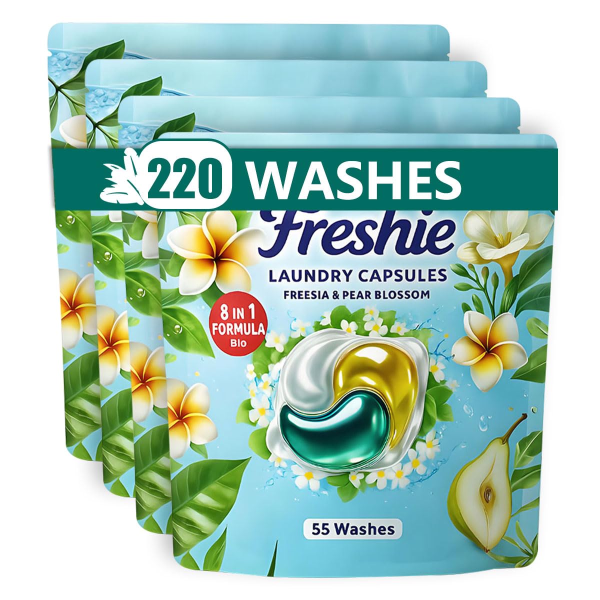 Bio Washing Pods - Laundry Detergent Pods 110 Washes, Fresh Freesia & Pear Blossom Scent - Powerful Stain Removal, Gentle on Skin, Freshness that Lasts and Lasts