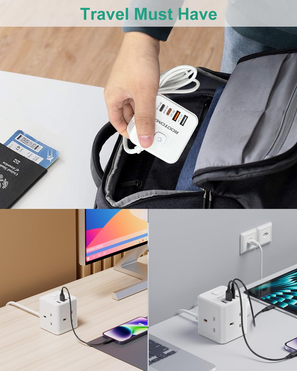 Japan Travel Adapter 3 Way 4 Fast Charging USB (QC3.0/PD20W)