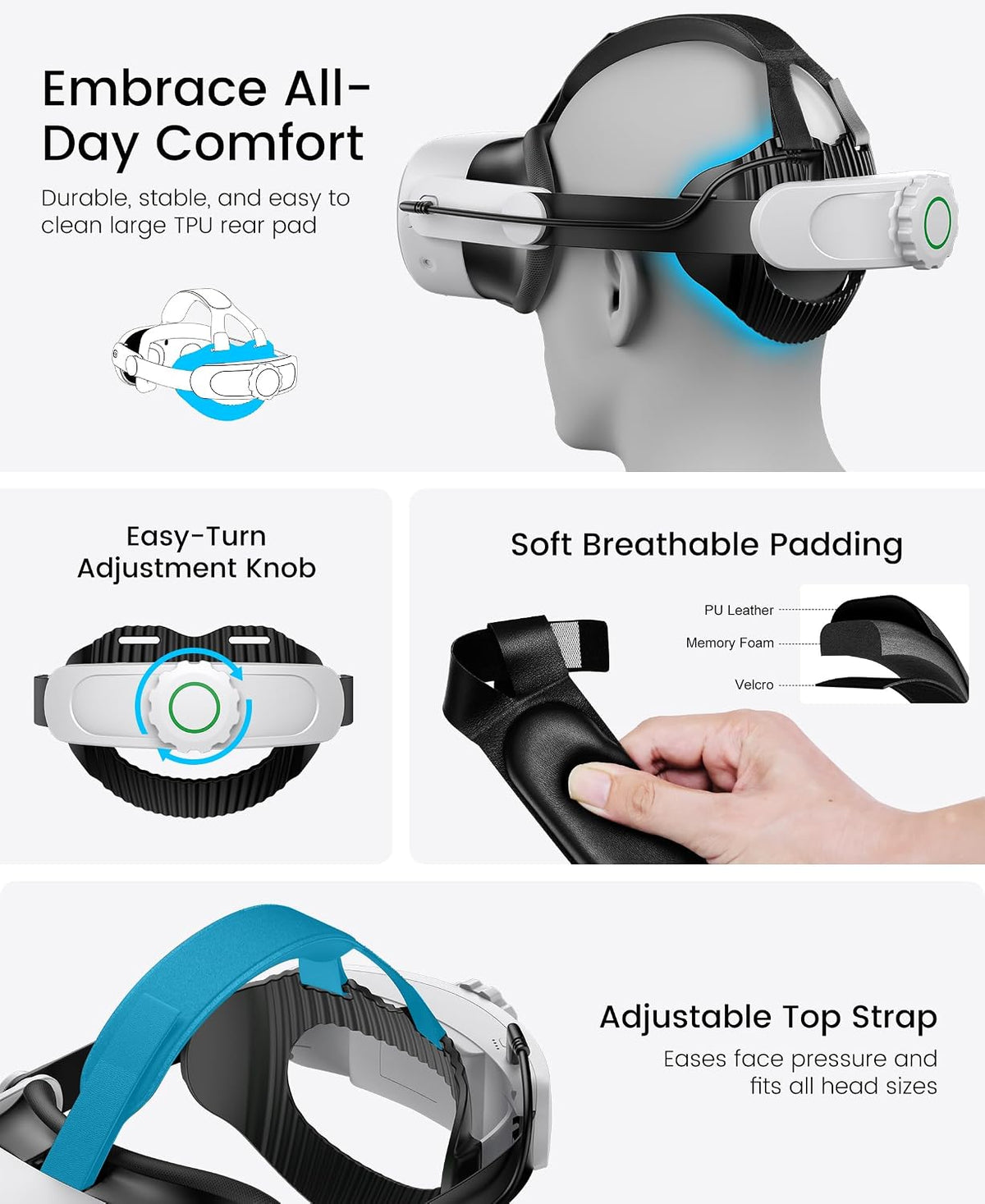 HELLCOOL Head Strap with 10000mAh Battery Pack Cables for Meta Quest 3S/3/2,Adjustable Elite Strap Replacement Intended for Quest Head Strap,VR Headset Accessories