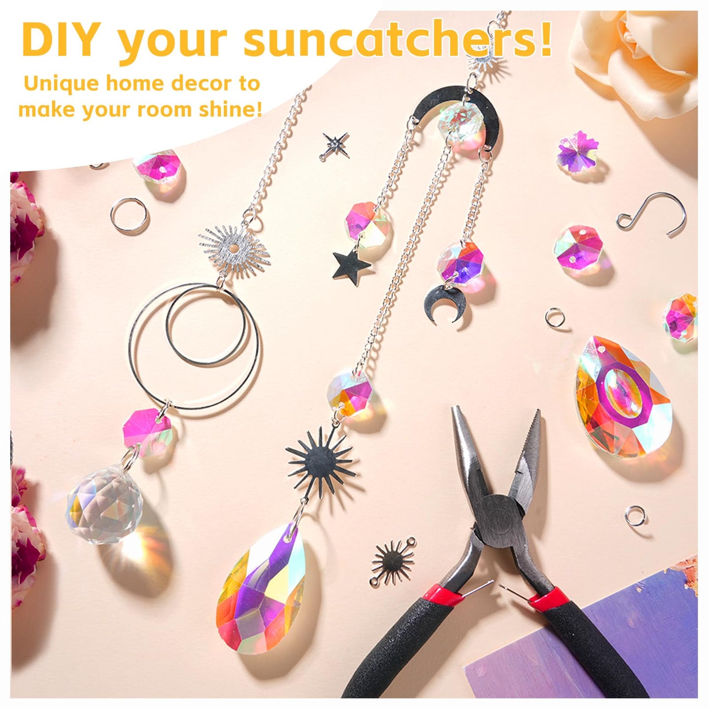 240PCS DIY Sun Catchers Making Kits for Adults, Crystal Suncatchers Kit with Colourful Prism Pearl Rainbow Maker for Windows, Hanging, Indoor, Outdoor, Garden Decor (Silver)