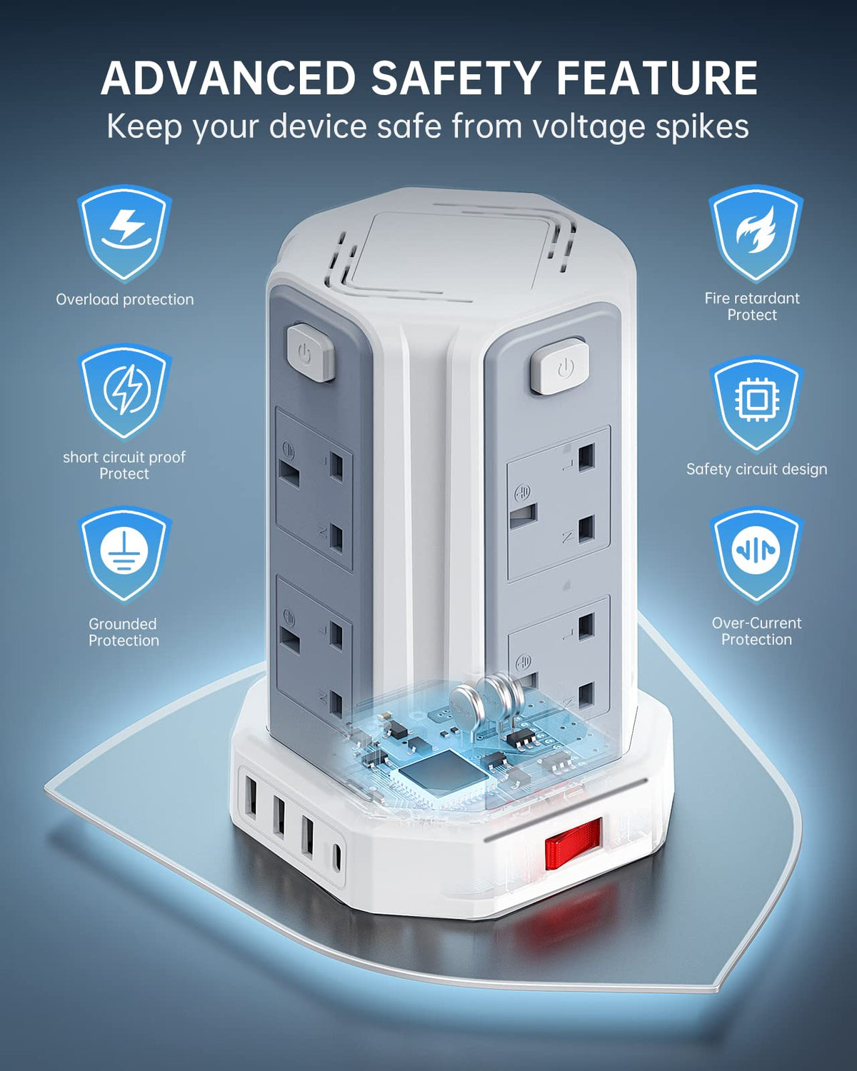 Tower Extension Lead 3M, 8 AC Outlets and 4 USB Ports Extension Tower