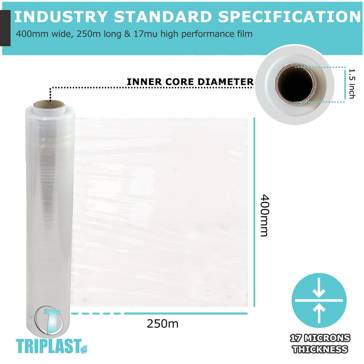 Triplast Pallet Stretch Shrink Wrap Roll (400mm x 250m) - Pick Qty & Colour - Heavy Duty Pallet Wrap, Industrial Stretch Wrap, Packaging Cling Film, Strong Plastic Wrap, Luggage Wrap (Black, 1 Roll)