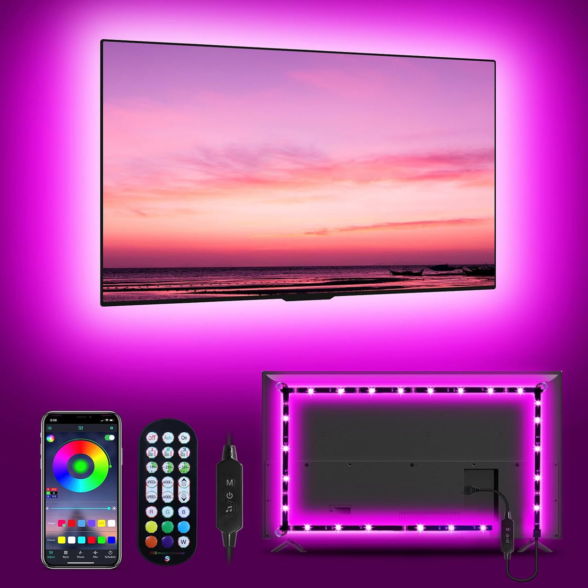 MATICOD TV LED Lights, 4M TV Lights for 45-60in TVs, Music Sync RGB TV Backlight USB LED Strip Lights with Remote and App Control for Christmas Decorations